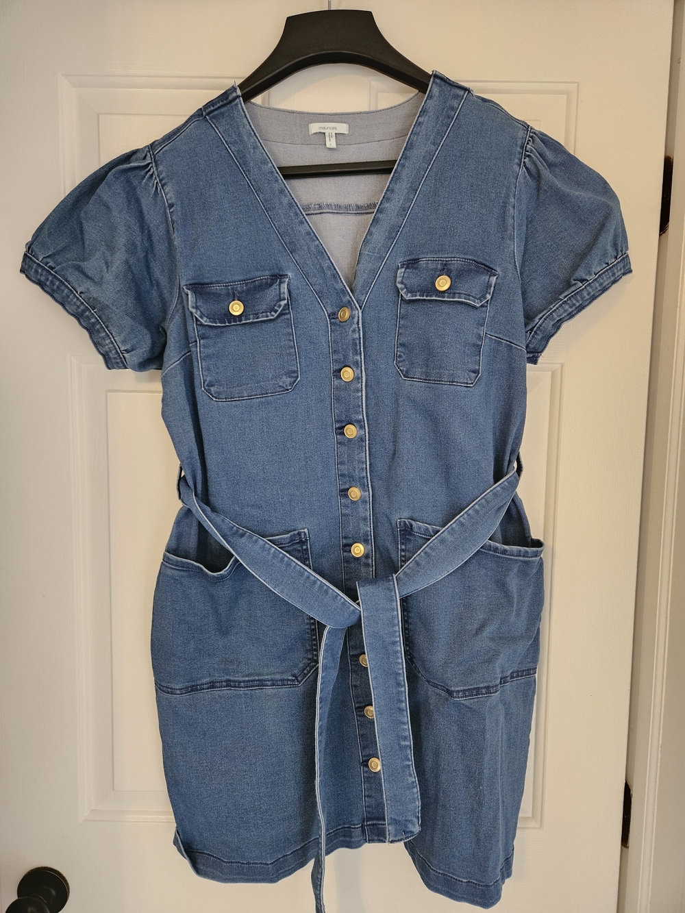 Maurices Denim Button-Front Mini Dress in Blue with Tie Waist Size L